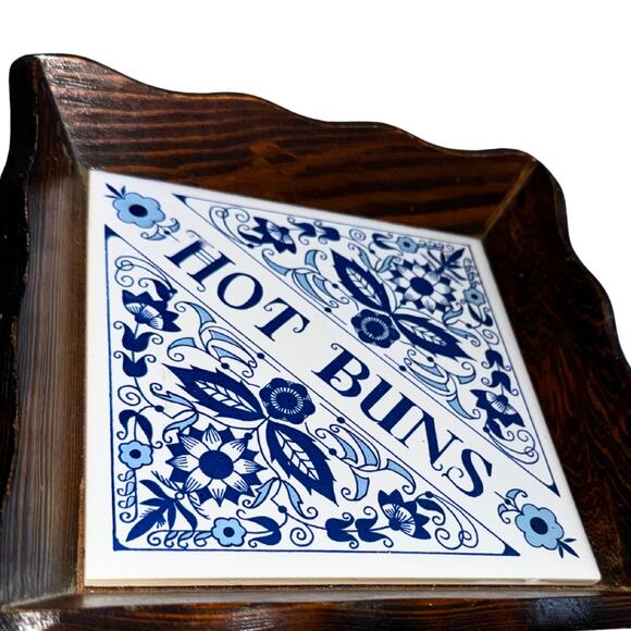 Vintage Blue & White “Hot Buns” Tile Trivet with Wood Frame Kitchen Decor - Picture 10 of 11